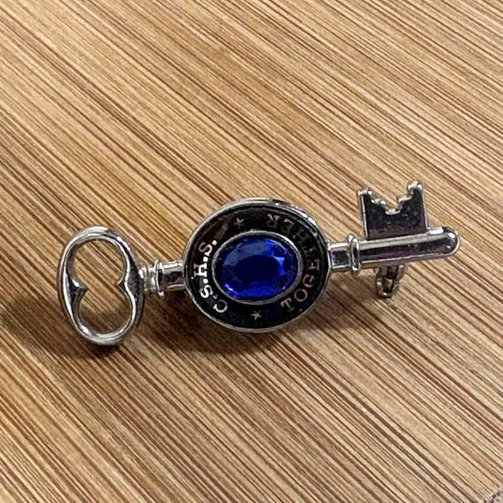 Key Brooch Silver Tone Blue Stone High School 1 1/4